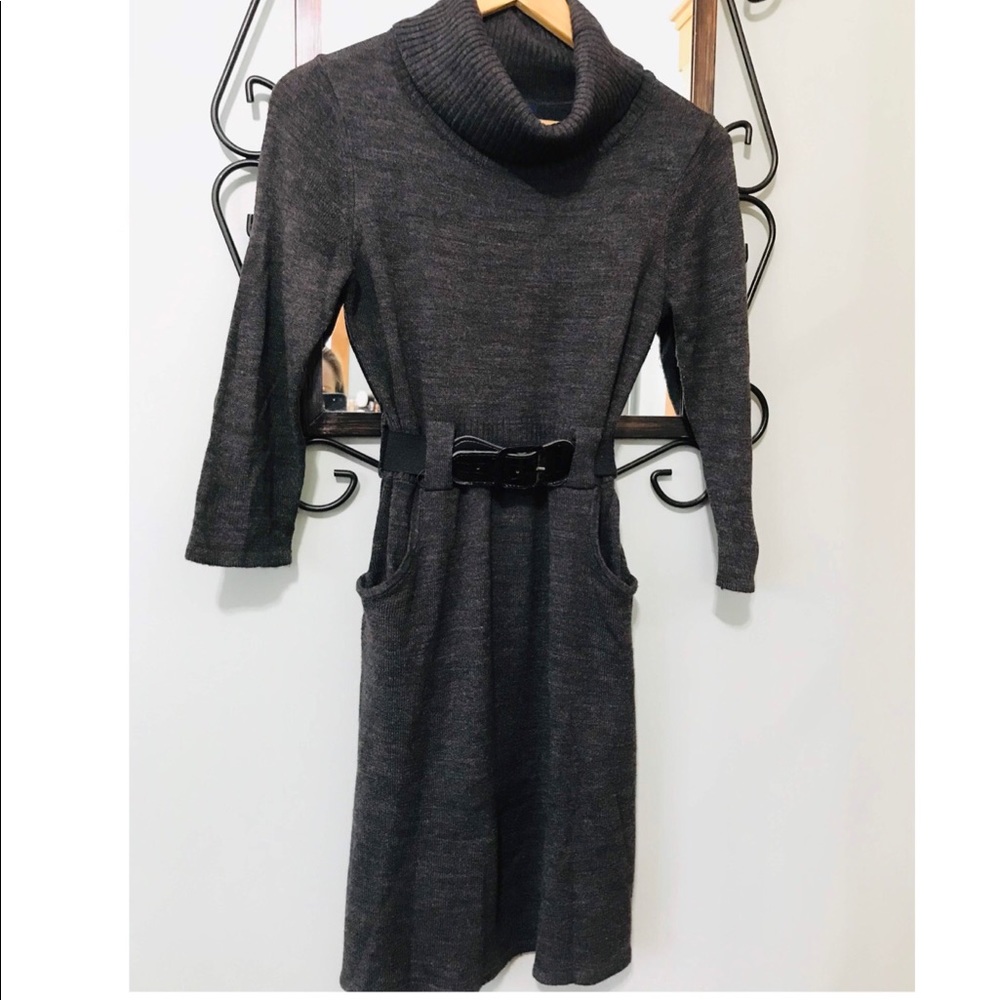 Sweater dress with belt.